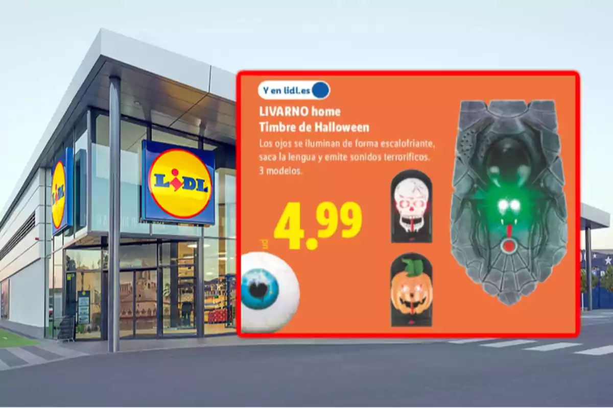 Fachada de una tienda Lidl con un anuncio de timbres de Halloween a 4.99 euros, mostrando modelos con forma de calavera, calabaza y araña Fachada de una tienda Lidl con un anuncio de timbres de Halloween a 4.99 euros, mostrando modelos con forma de calavera, calabaza y araña