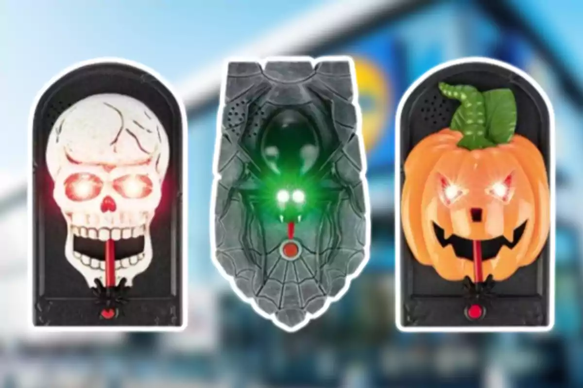 Tres decoraciones de Halloween con luces en forma de calavera, araña y calabaza sobre un fondo borroso Tres decoraciones de Halloween con luces en forma de calavera, araña y calabaza sobre un fondo borroso