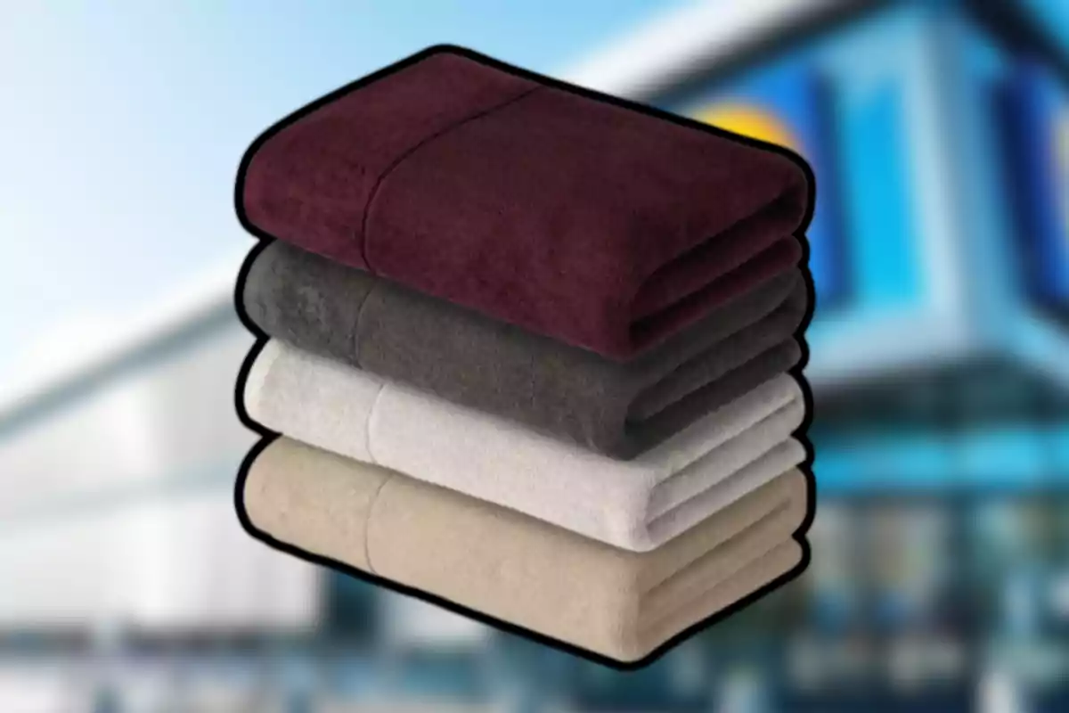 Cuatro cobijas dobladas en diferentes colores apiladas una sobre otra con un fondo desenfocado de un edificio moderno