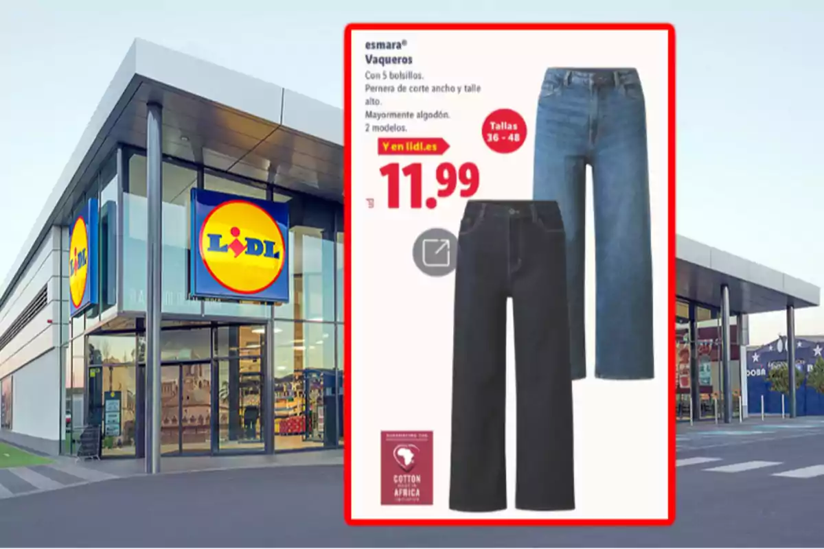 Tienda Lidl con un cartel promocional de vaqueros Esmara en dos colores diferentes a un precio de 11,99 euros Tienda Lidl con un cartel promocional de vaqueros Esmara en dos colores diferentes a un precio de 11,99 euros