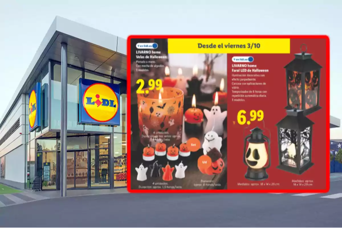 Fachada de una tienda Lidl con un cartel promocional de productos de Halloween que muestra velas decorativas y faroles LED con precios destacados Fachada de una tienda Lidl con un cartel promocional de productos de Halloween que muestra velas decorativas y faroles LED con precios destacados