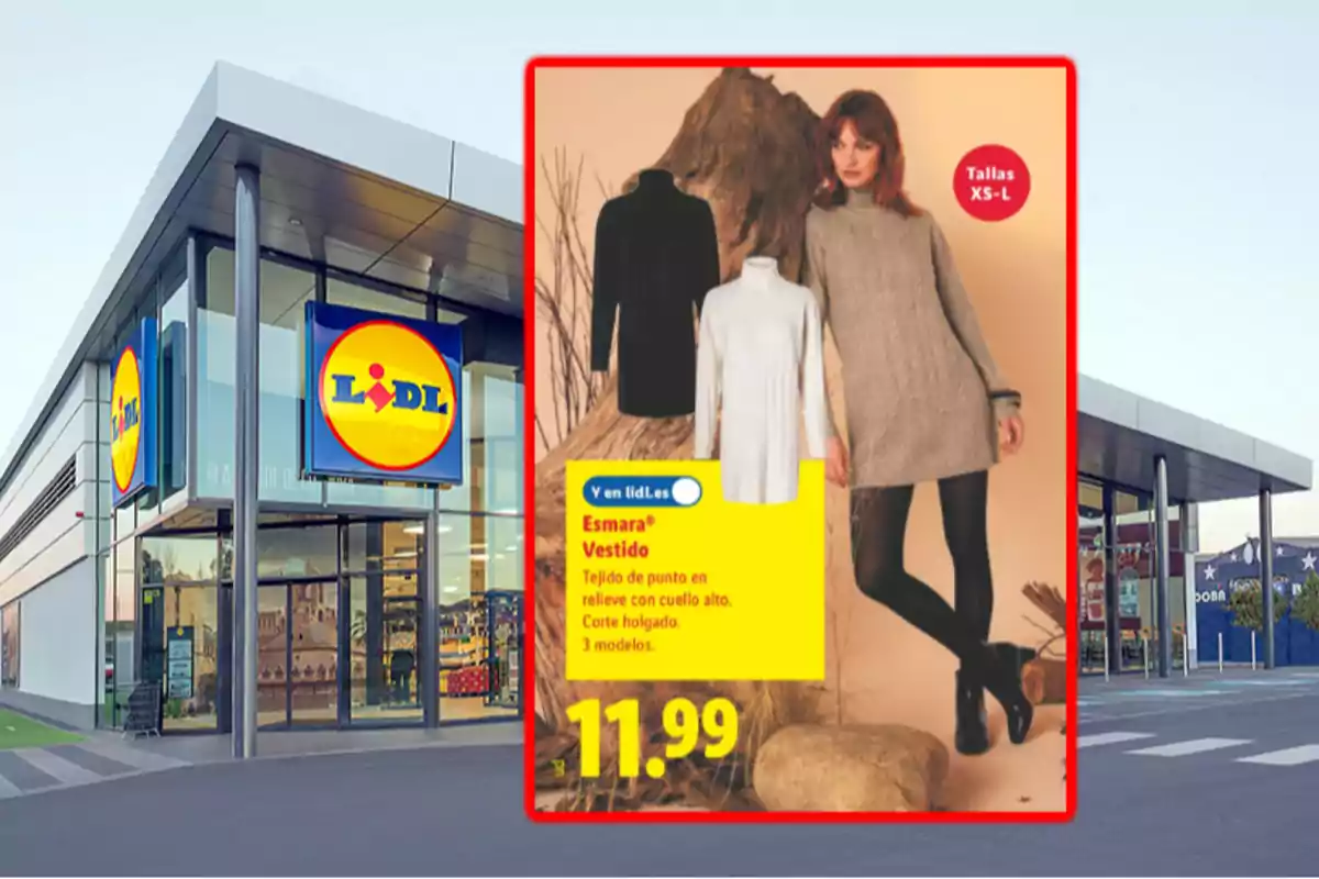 Fachada de una tienda Lidl con un cartel promocional de vestidos Esmara en diferentes colores y tallas XS a L por 11.99 euros