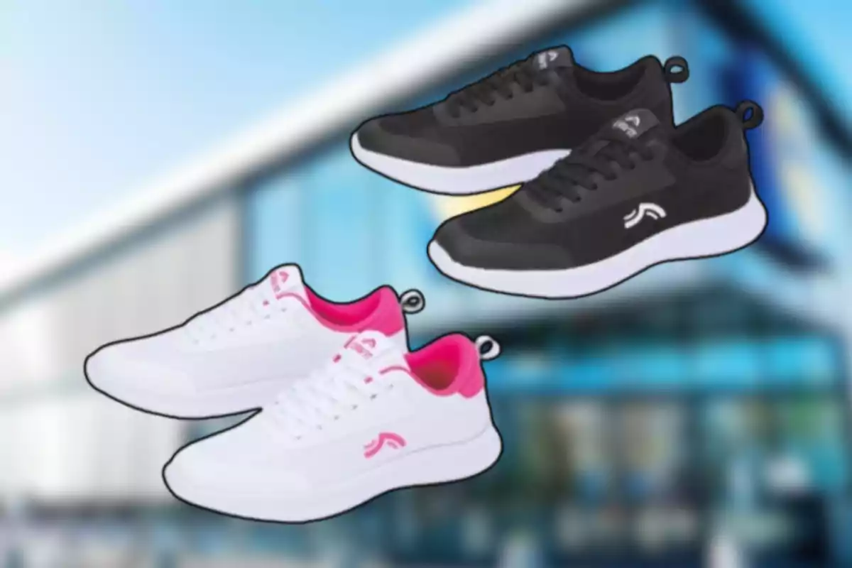 Dos pares de tenis deportivos, uno en color negro con suela blanca y otro en color blanco con detalles rosas, sobre un fondo desenfocado de un edificio moderno.
