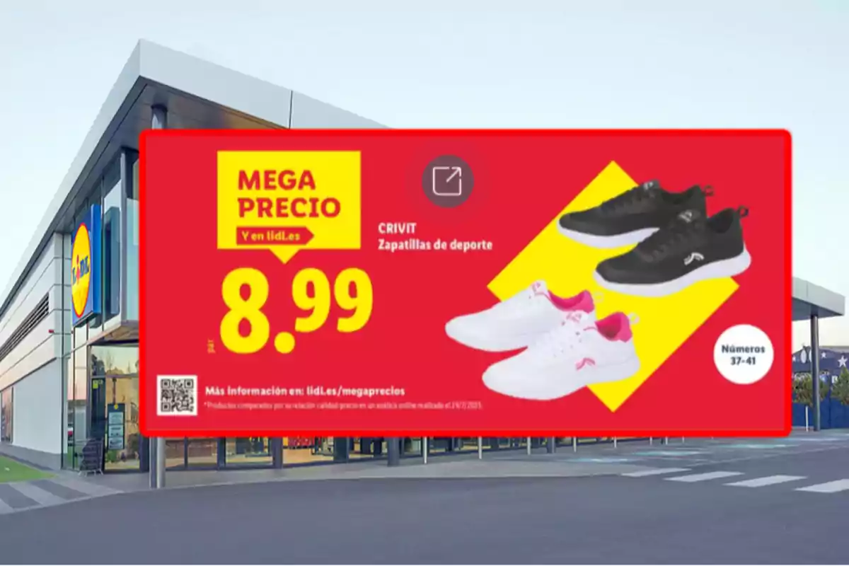Cartel publicitario de Lidl con una oferta de zapatillas deportivas Crivit a 8.99 euros en colores negro y blanco frente a la entrada de la tienda