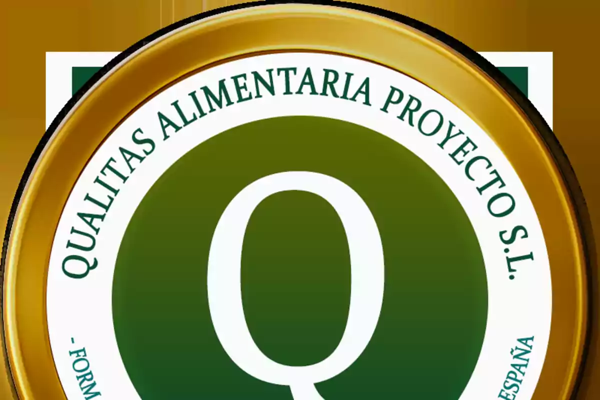 Sello redondo con borde dorado y la letra Q en el centro rodeada por el texto Qualitas Alimentaria Proyecto S.L.