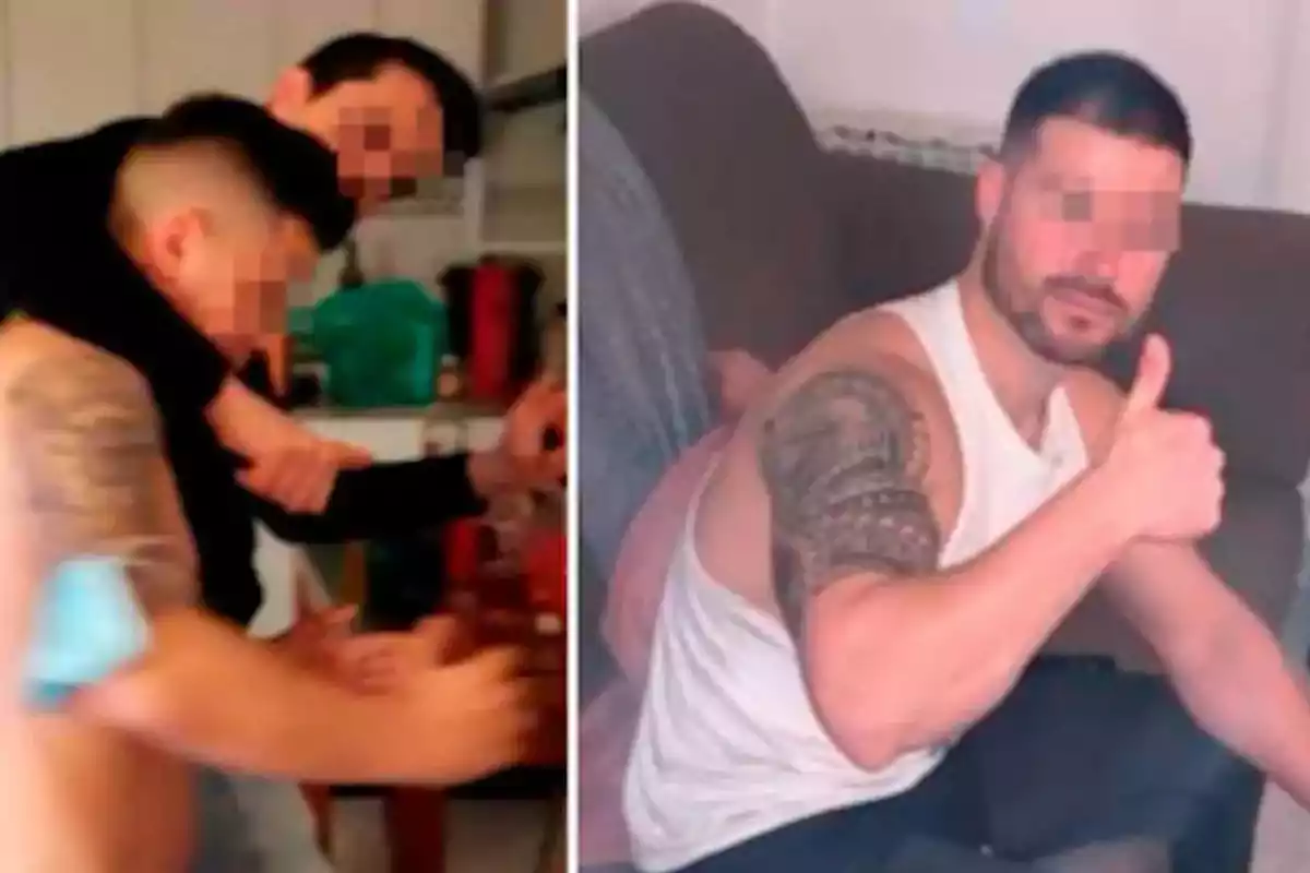 Dos hombres con el rostro pixelado, uno de ellos mostrando un tatuaje en el brazo y haciendo una señal de pulgar arriba, mientras el otro aparece en una cocina cargando a una persona.