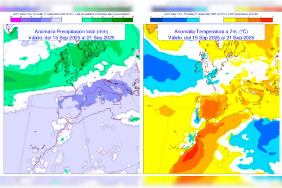 Mapa comparativo de Europa y el norte de África que muestra anomalías de precipitación y temperatura previstas para septiembre de 2025.
