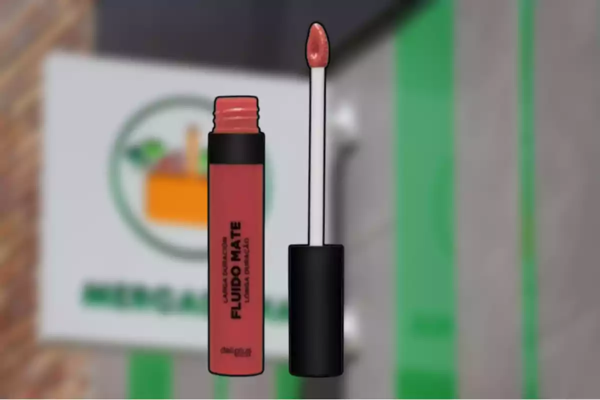 Un labial líquido mate de color rosa con su aplicador, sobre un fondo desenfocado de una tienda. Un labial líquido mate de color rosa con su aplicador, sobre un fondo desenfocado de una tienda.