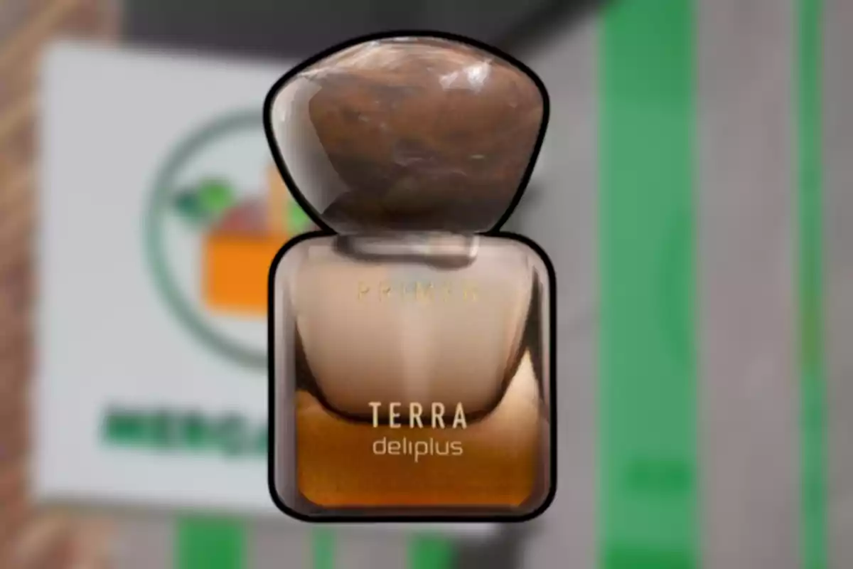 Envase de primer Terra de la marca Deliplus con fondo desenfocado de supermercado Envase de primer Terra de la marca Deliplus con fondo desenfocado de supermercado