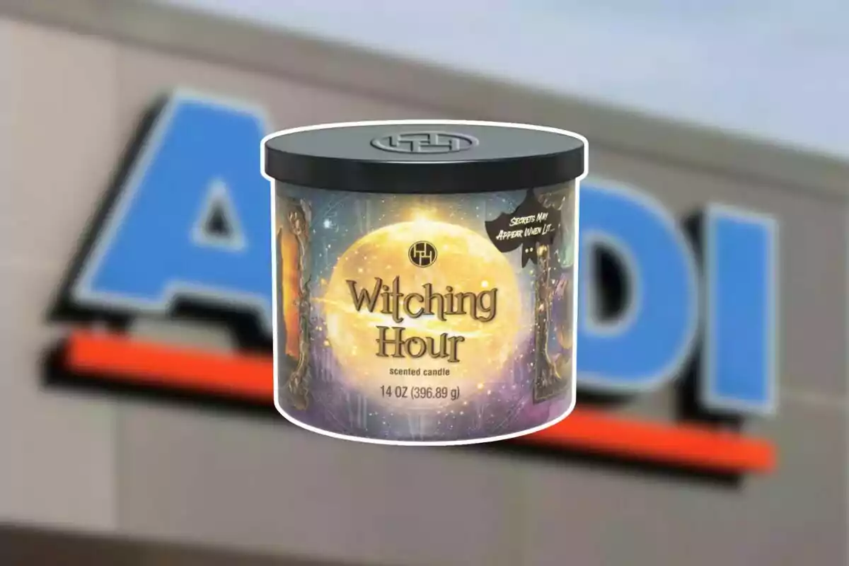 Vela aromática Witching Hour con diseño místico y fondo de una tienda Aldi desenfocada