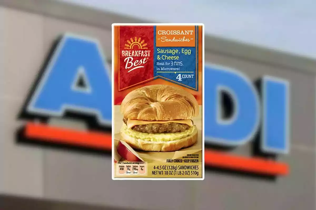 Caja de croissants rellenos de salchicha, huevo y queso de la marca Breakfast Best frente a un letrero borroso de Aldi