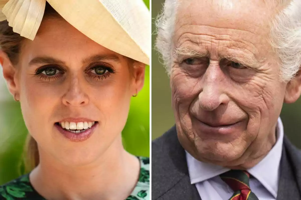 Beatriz de York y Carlos III en primer plano una mujer joven con sombrero claro y un hombre mayor de cabello canoso ambos mirando hacia el frente