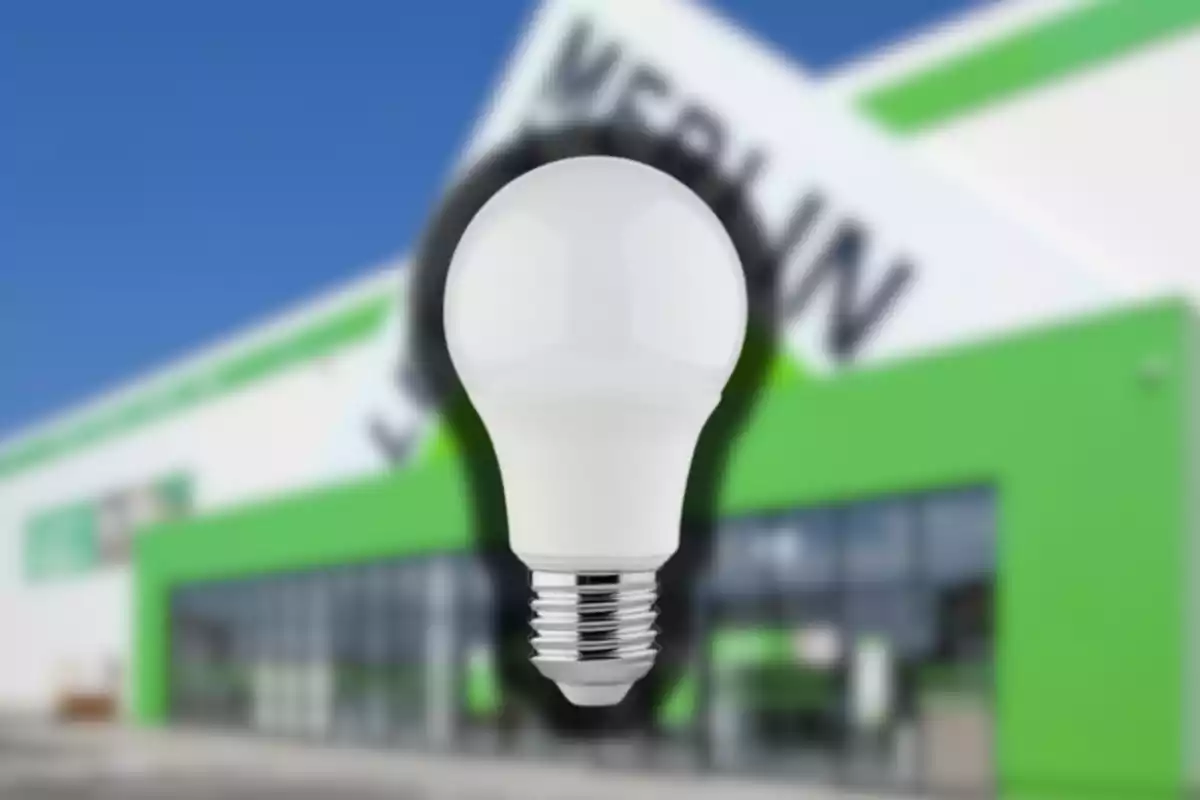 Foco LED blanco frente a una tienda con fachada verde y blanca desenfocada Foco LED blanco frente a una tienda con fachada verde y blanca desenfocada