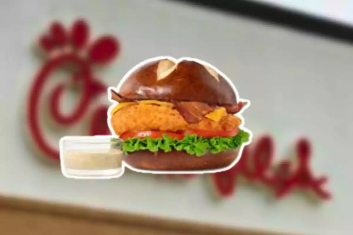 Breaded chicken burger with lettuce, tomato, cheese, bacon, and pretzel bun, served with a small container of sauce in front of a blurred restaurant background. Breaded chicken burger with lettuce, tomato, cheese, bacon, and pretzel bun, served with a small container of sauce in front of a blurred restaurant background.