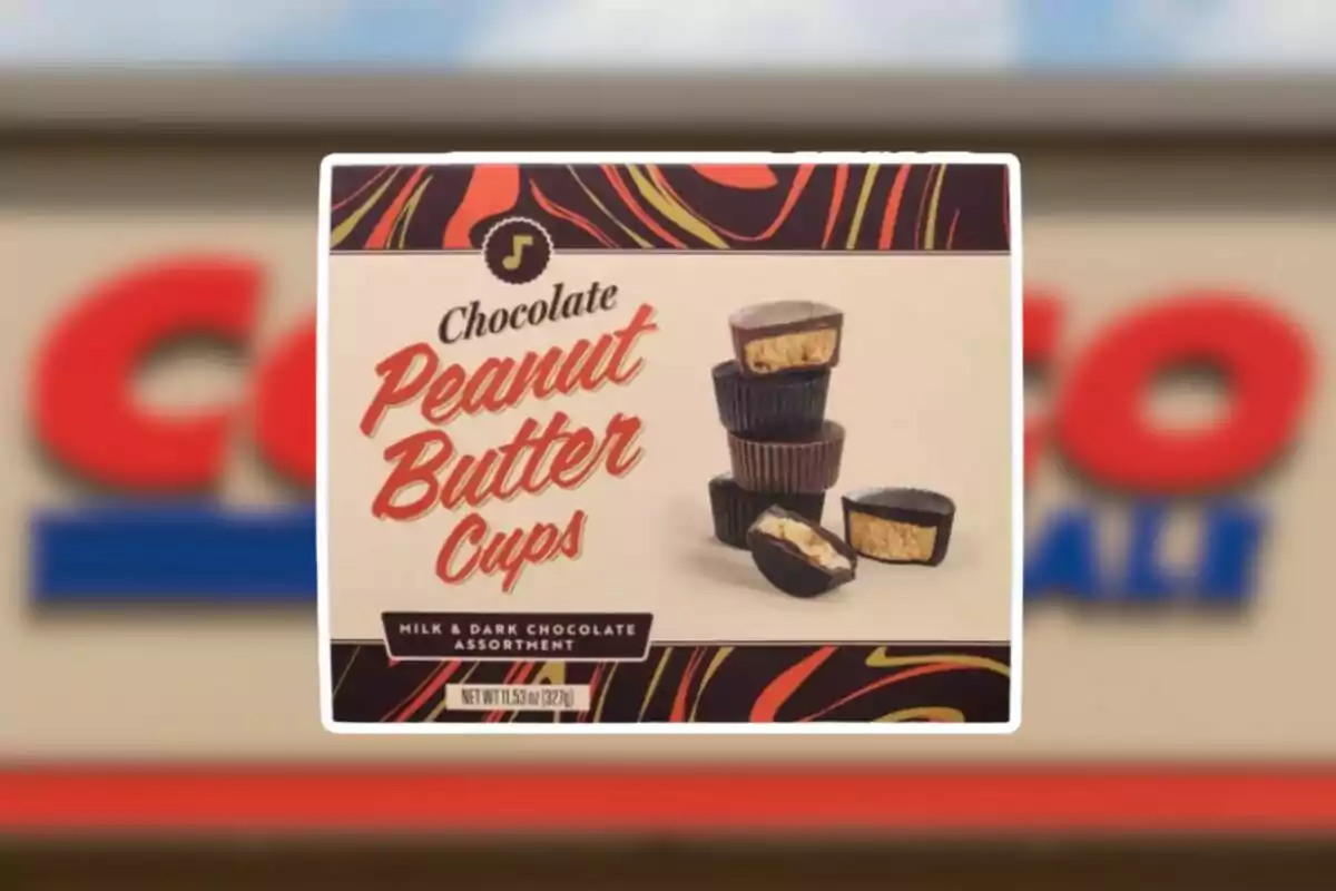 Box of chocolates filled with peanut butter cream with a blurred background of a Costco store Box of chocolates filled with peanut butter cream with a blurred background of a Costco store