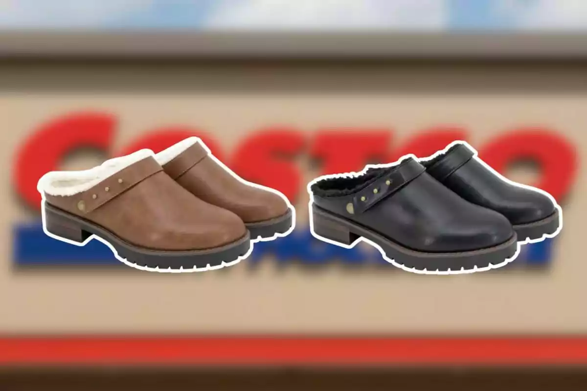 Two pairs of clogs lined in brown and black in front of a blurry Costco sign Two pairs of clogs lined in brown and black in front of a blurry Costco sign
