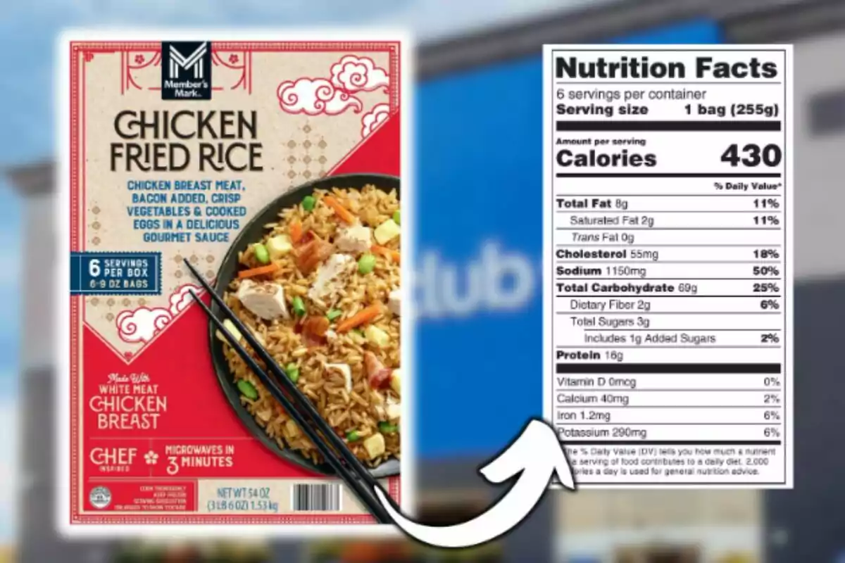 Caja de arroz frito con pollo Member’s Mark de Sam's Club con información nutricional destacando 430 calorías por porción.