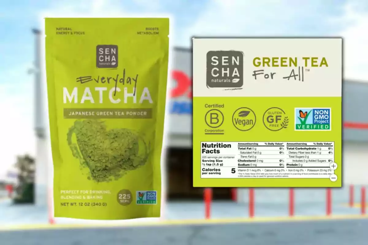 Sencha Naturals brand matcha green tea powder bag with nutritional information and vegan, gluten-free, and non-GMO certification seals. Sencha Naturals brand matcha green tea powder bag with nutritional information and vegan, gluten-free, and non-GMO certification seals.