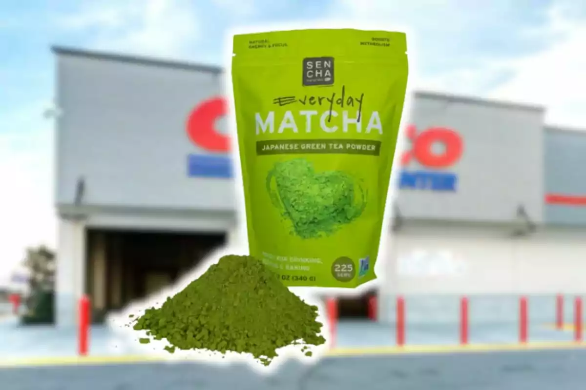 Costco matcha green tea powder bag with a lot of green powder in the front and a blurred self-service store in the background. Costco matcha green tea powder bag with a lot of green powder in the front and a blurred self-service store in the background.