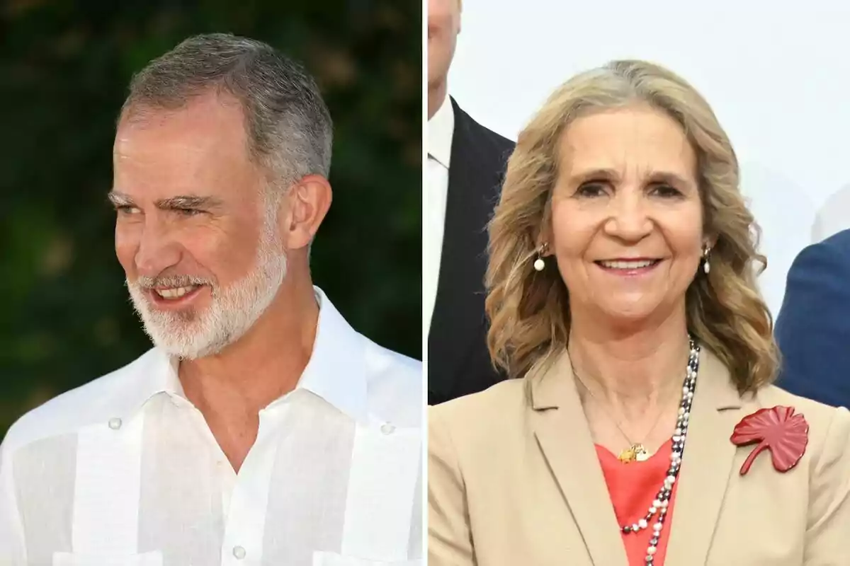 Felipe VI sonríe con una camisa blanca mientras la infanta Elena vestida con saco beige y blusa roja también sonríe