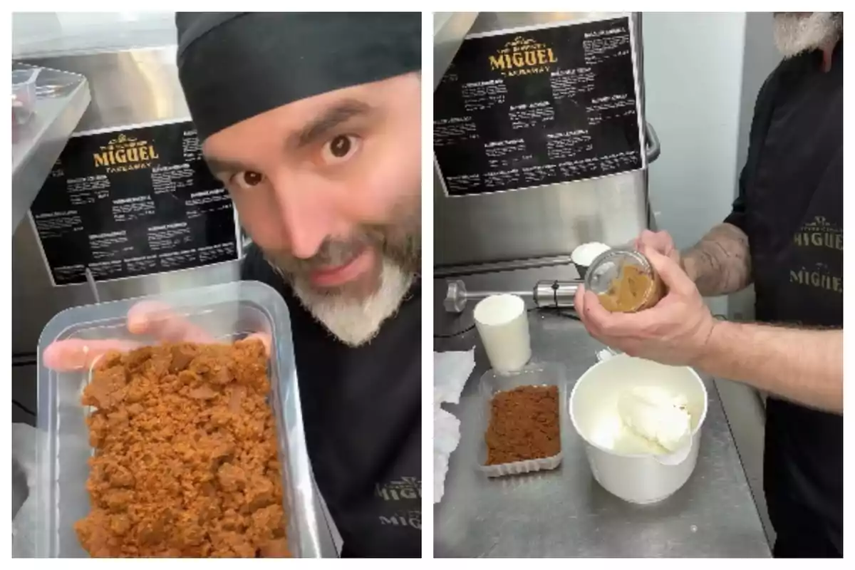 Un hombre con gorro de chef, que es Miguel Angel Cádiz, muestra un recipiente con galletas trituradas y en la segunda imagen está preparando una mezcla con queso crema y otros ingredientes en una cocina profesional. Un hombre con gorro de chef, que es Miguel Angel Cádiz, muestra un recipiente con galletas trituradas y en la segunda imagen está preparando una mezcla con queso crema y otros ingredientes en una cocina profesional.