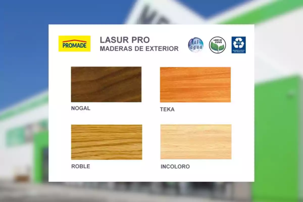 Muestrario de acabados para maderas de exterior Promade Lasur Pro con cuatro opciones de color nogal teka roble e incoloro