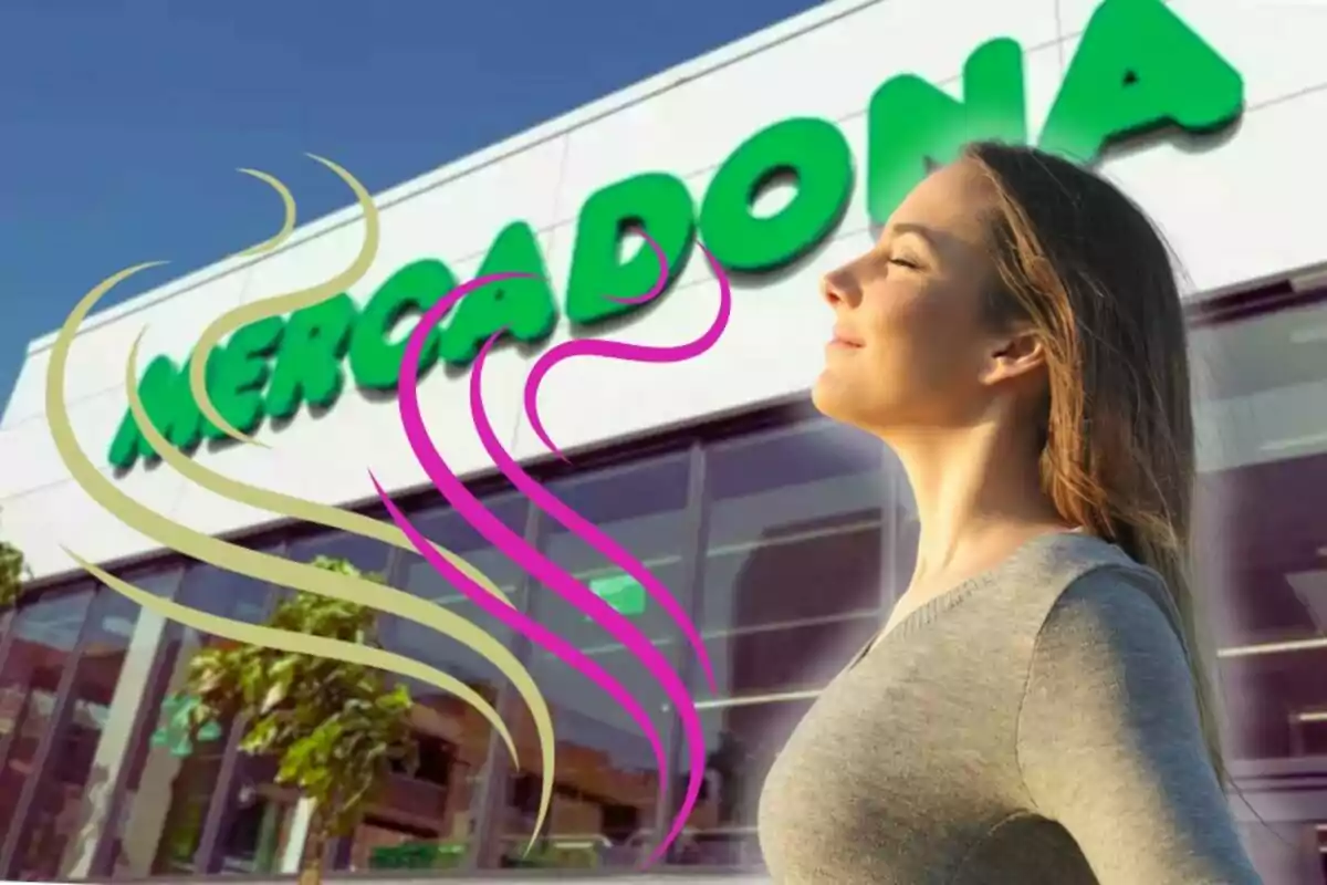 Mujer disfrutando de un aroma agradable frente a una tienda Mercadona Mujer disfrutando de un aroma agradable frente a una tienda Mercadona