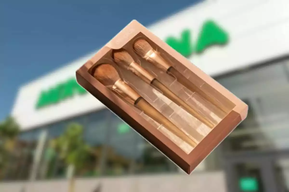 Set de brochas de maquillaje en caja transparente con fondo de tienda difuminada