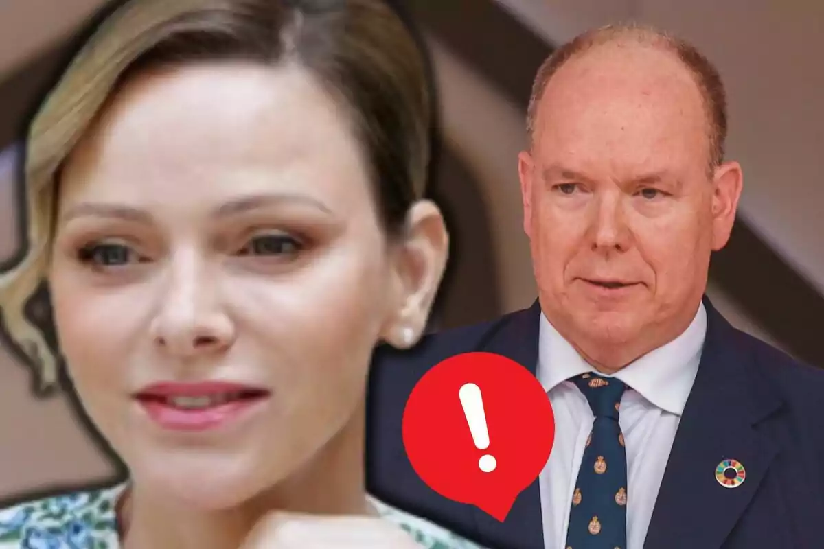 Charlene and Albert of Monaco in formal attire appear in the foreground, with a red warning icon between them.