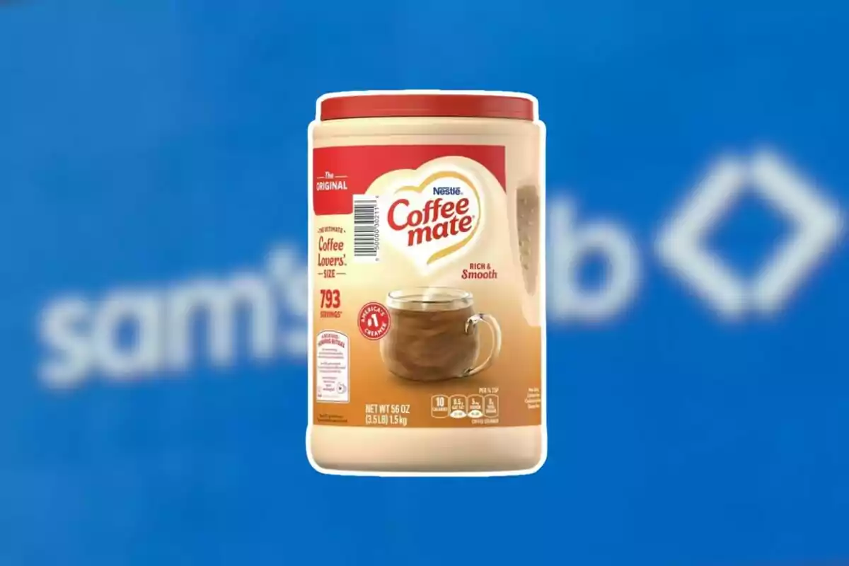 Large container of original flavor Coffee Mate in front of a blue background with the Sam's Club logo blurred in the background Large container of original flavor Coffee Mate in front of a blue background with the Sam's Club logo blurred in the background