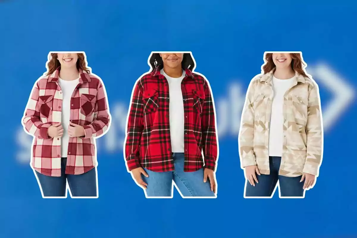 Tres mujeres usando chaquetas tipo camisa de franela en diferentes colores y estampados sobre un fondo azul