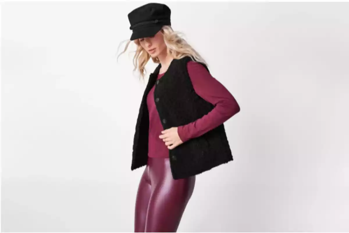 Mujer rubia con gorra negra, chaleco negro, blusa burdeos y pantalones vinilo burdeos posando sobre fondo claro Mujer rubia con gorra negra, chaleco negro, blusa burdeos y pantalones vinilo burdeos posando sobre fondo claro