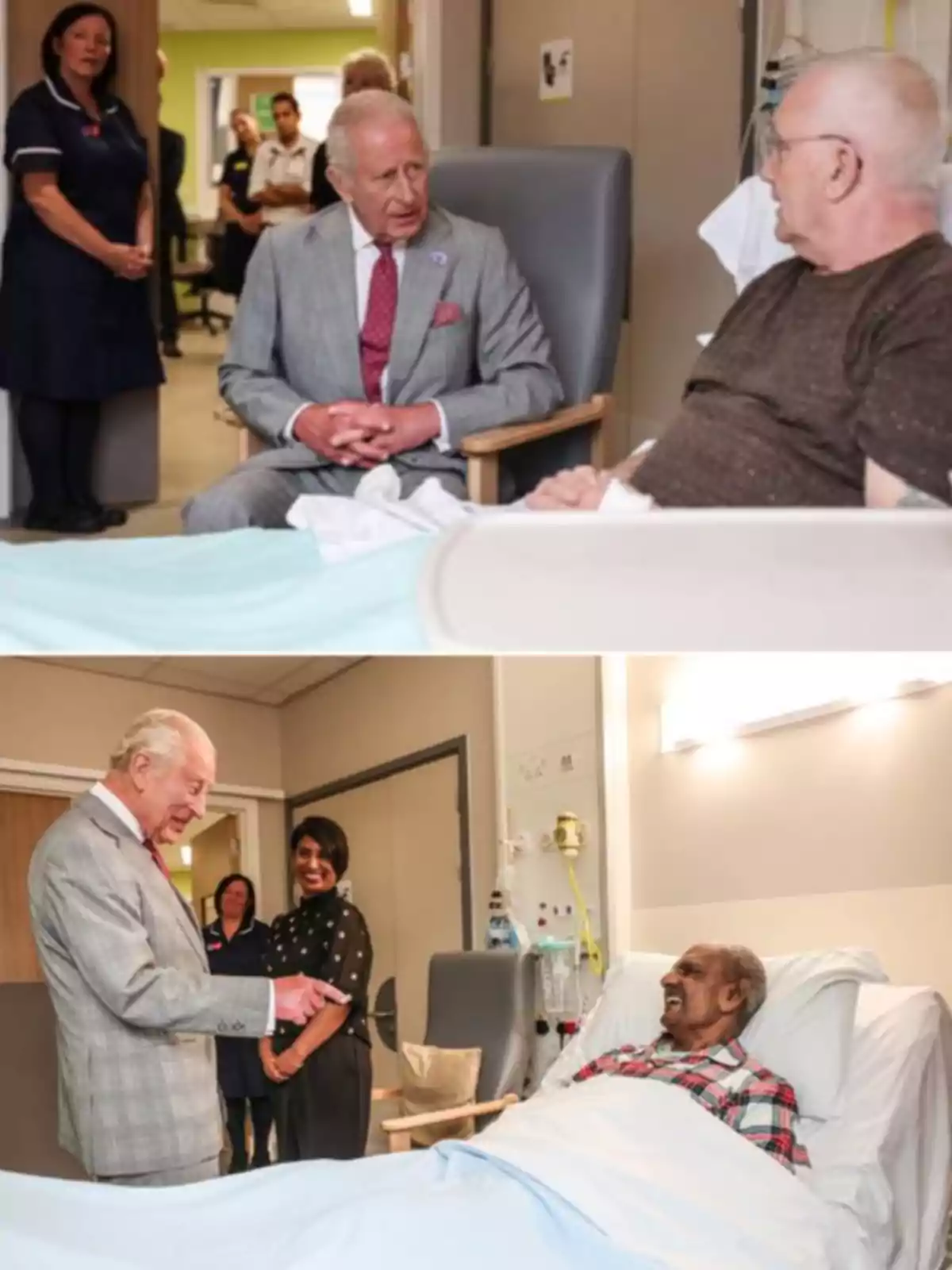 King Charles III, wearing a suit, visits patients in hospital beds while talking to them, as medical staff watch in the background. King Charles III, wearing a suit, visits patients in hospital beds while talking to them, as medical staff watch in the background.