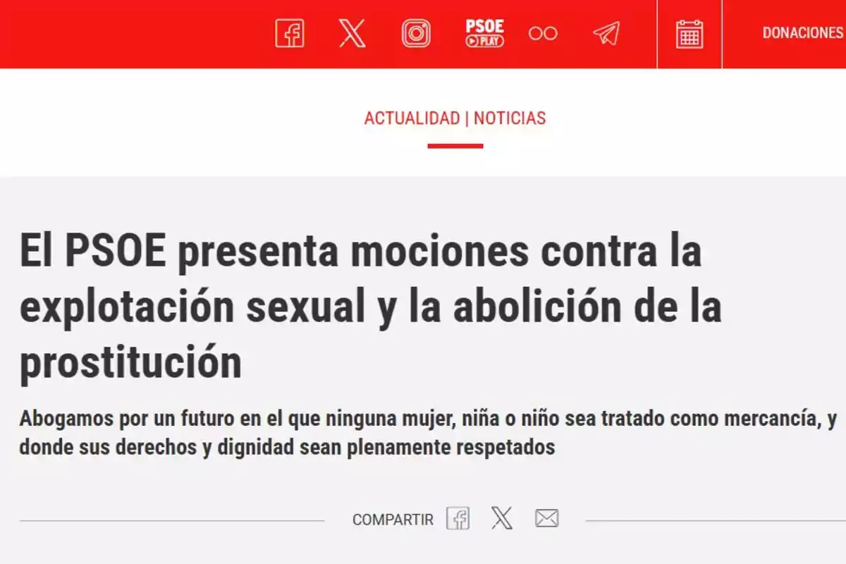 Captura de pantalla de una noticia en la que el PSOE presenta mociones contra la explotación sexual y a favor de la abolición de la prostitución, destacando la defensa de los derechos y la dignidad de mujeres, niñas y niños.