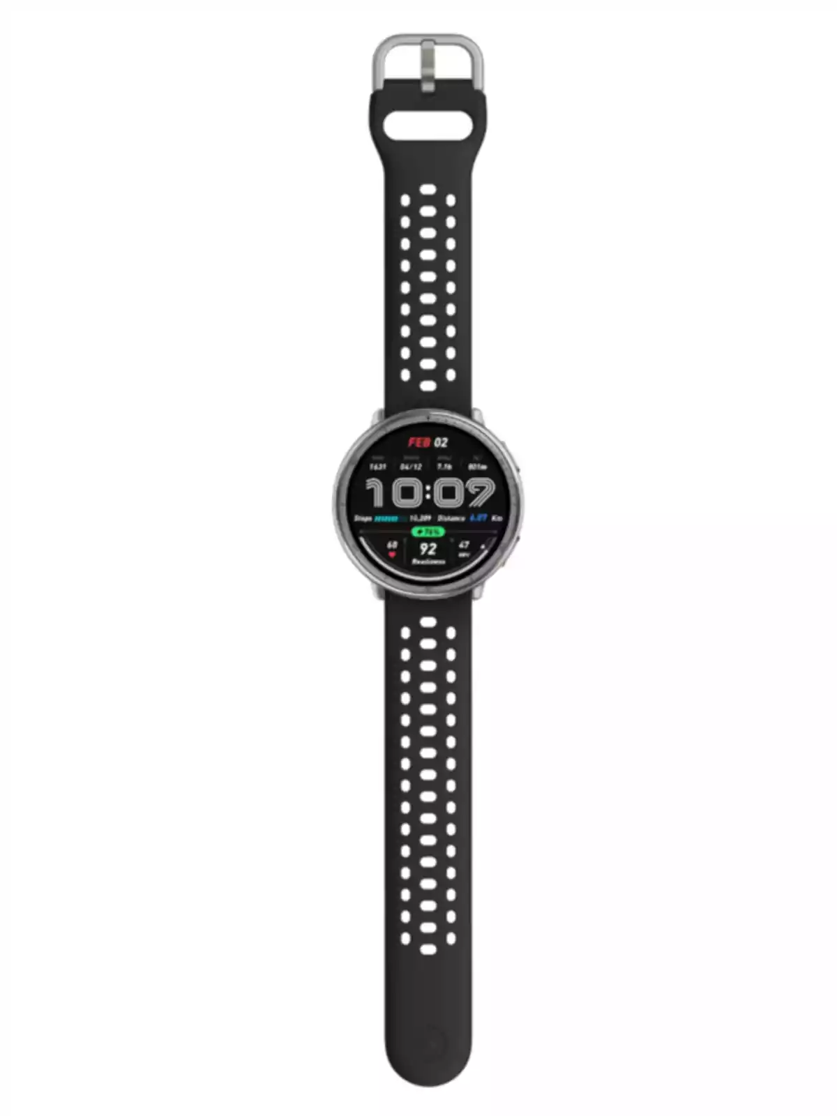 Reloj inteligente con correa negra y pantalla circular mostrando información digital Reloj inteligente con correa negra y pantalla circular mostrando información digital