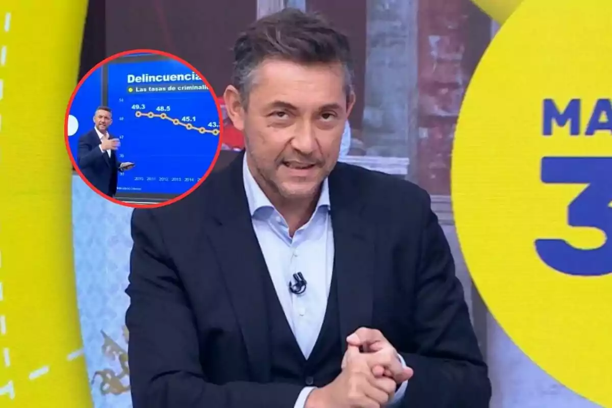 Hombre de cabello corto y canoso con saco oscuro y camisa clara hablando en un programa de televisión con un gráfico de delincuencia en un recuadro circular a la izquierda