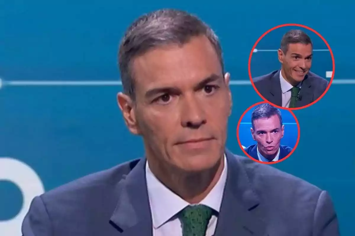 Hombre de cabello corto y canoso con traje y corbata verde en un fondo azul, acompañado de dos círculos rojos que muestran diferentes expresiones faciales del mismo hombre