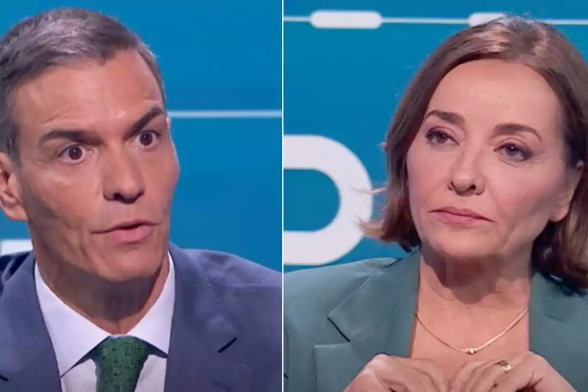 Dos personas con expresión seria conversan en un programa de televisión con fondo azul