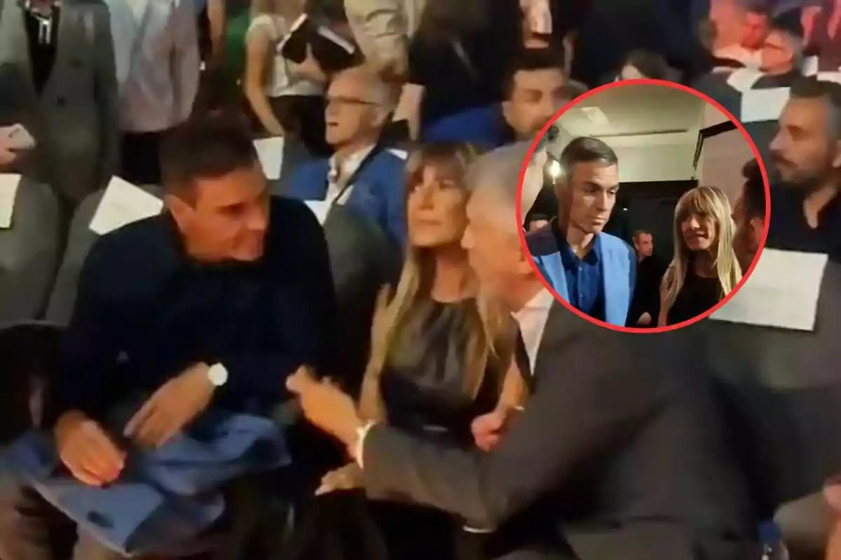 Varias personas sentadas en un evento conversan mientras otras observan de pie al fondo y un recuadro muestra un acercamiento de dos de los asistentes.