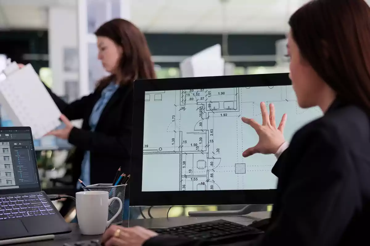 Mujer trabajando en un plano arquitectónico en una pantalla táctil mientras otra persona revisa un modelo en el fondo