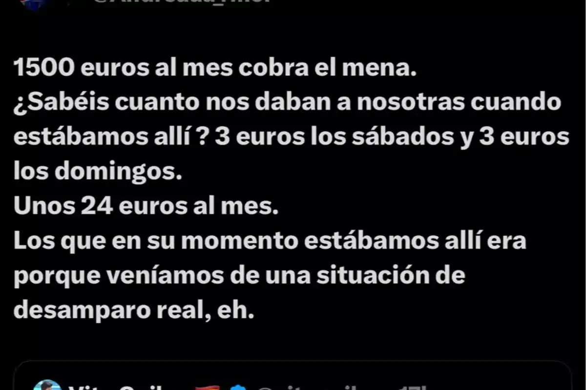 Texto en fondo negro que compara la cantidad de dinero que reciben los menores extranjeros no acompañados con lo que recibían otras personas en una situación similar, mencionando cifras y expresando una queja sobre la diferencia Texto en fondo negro que compara la cantidad de dinero que reciben los menores extranjeros no acompañados con lo que recibían otras personas en una situación similar, mencionando cifras y expresando una queja sobre la diferencia