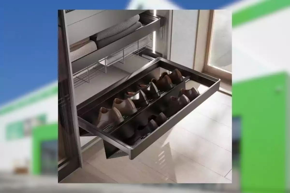 Zapatero extraíble de metal en un clóset moderno con varios pares de zapatos organizados