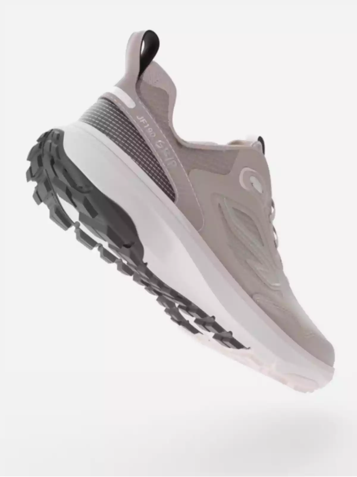 Zapatilla deportiva beige con suela gruesa y detalles en gris vista desde un ángulo trasero mostrando el diseño de la suela y el talón Zapatilla deportiva beige con suela gruesa y detalles en gris vista desde un ángulo trasero mostrando el diseño de la suela y el talón