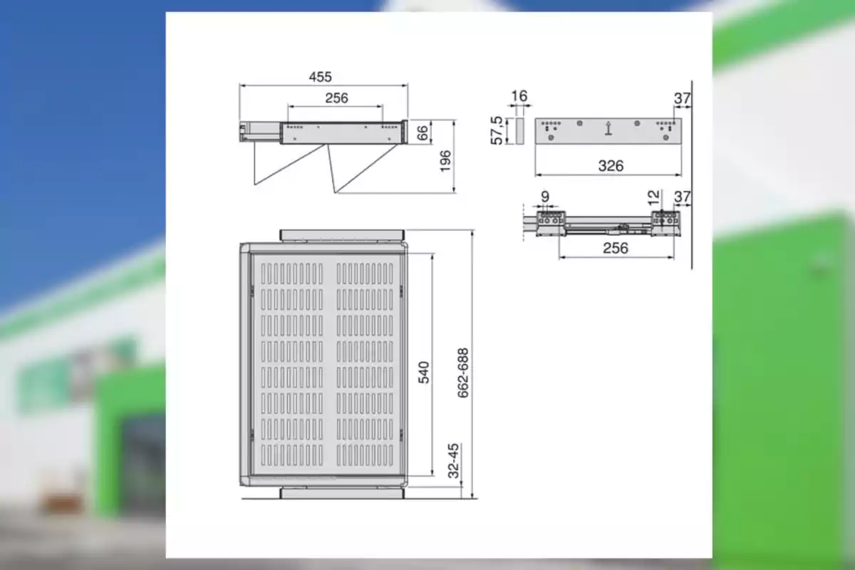 Dibujo técnico de un gabinete metálico con rejillas de ventilación y medidas detalladas en milímetros desde diferentes vistas