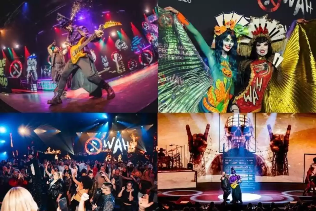 Collage de cuatro imágenes mostrando un espectáculo musical en vivo con músicos, bailarines con disfraces coloridos y un público animado en un escenario iluminado con pantallas y efectos visuales llamativos
