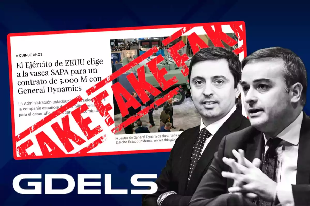 Dos hombres en traje frente a una noticia sobre un contrato militar con un gran sello rojo que dice FAKE y el logo de GDELS en la parte inferior.