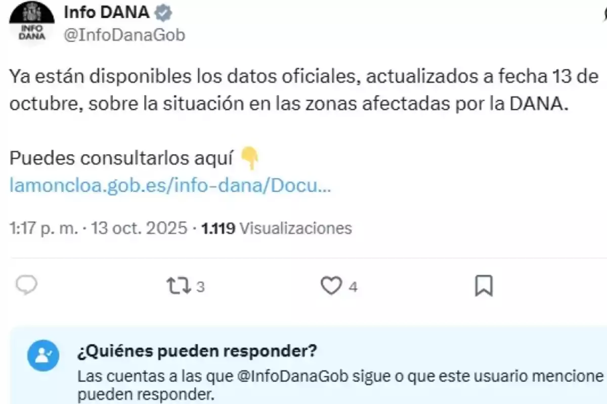 Publicación de Info DANA en Twitter informando que ya están disponibles los datos oficiales actualizados al 13 de octubre sobre la situación en las zonas afectadas por la DANA e incluye un enlace para consultarlos Publicación de Info DANA en Twitter informando que ya están disponibles los datos oficiales actualizados al 13 de octubre sobre la situación en las zonas afectadas por la DANA e incluye un enlace para consultarlos