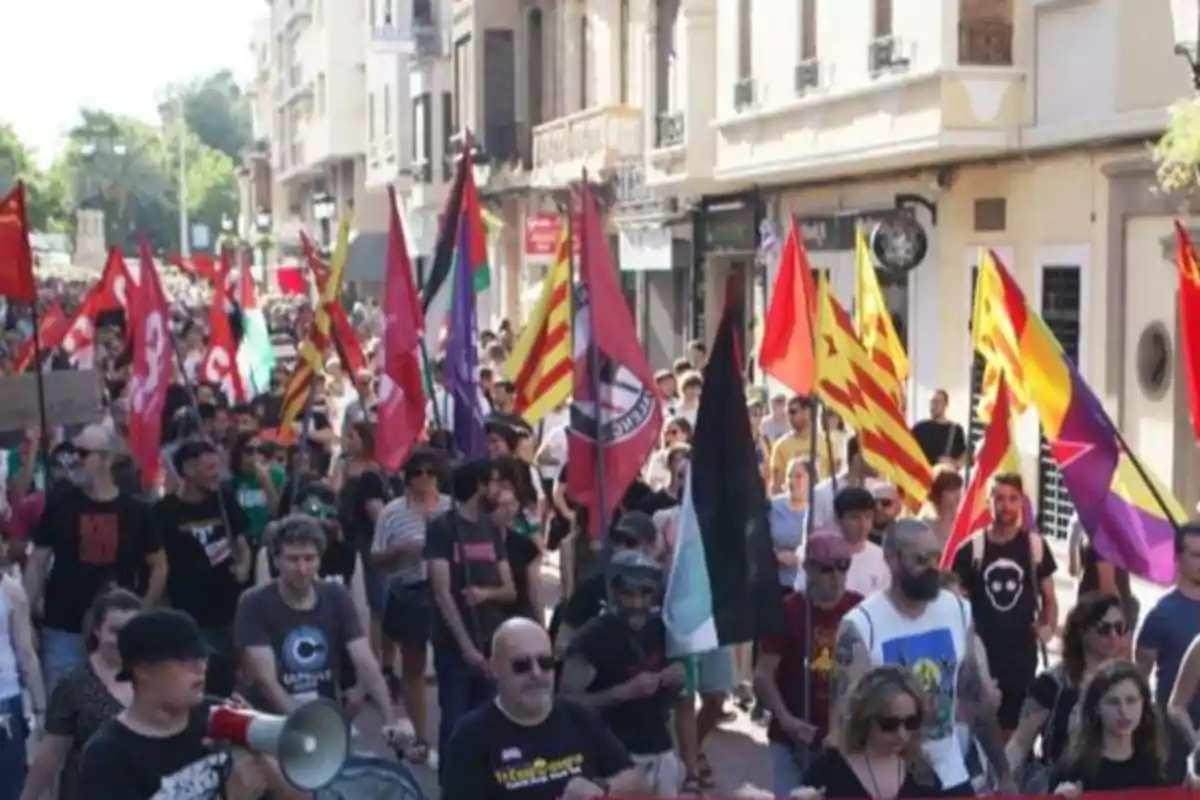 Manifestación en una calle con muchas personas portando banderas de diferentes colores y símbolos mientras marchan juntas