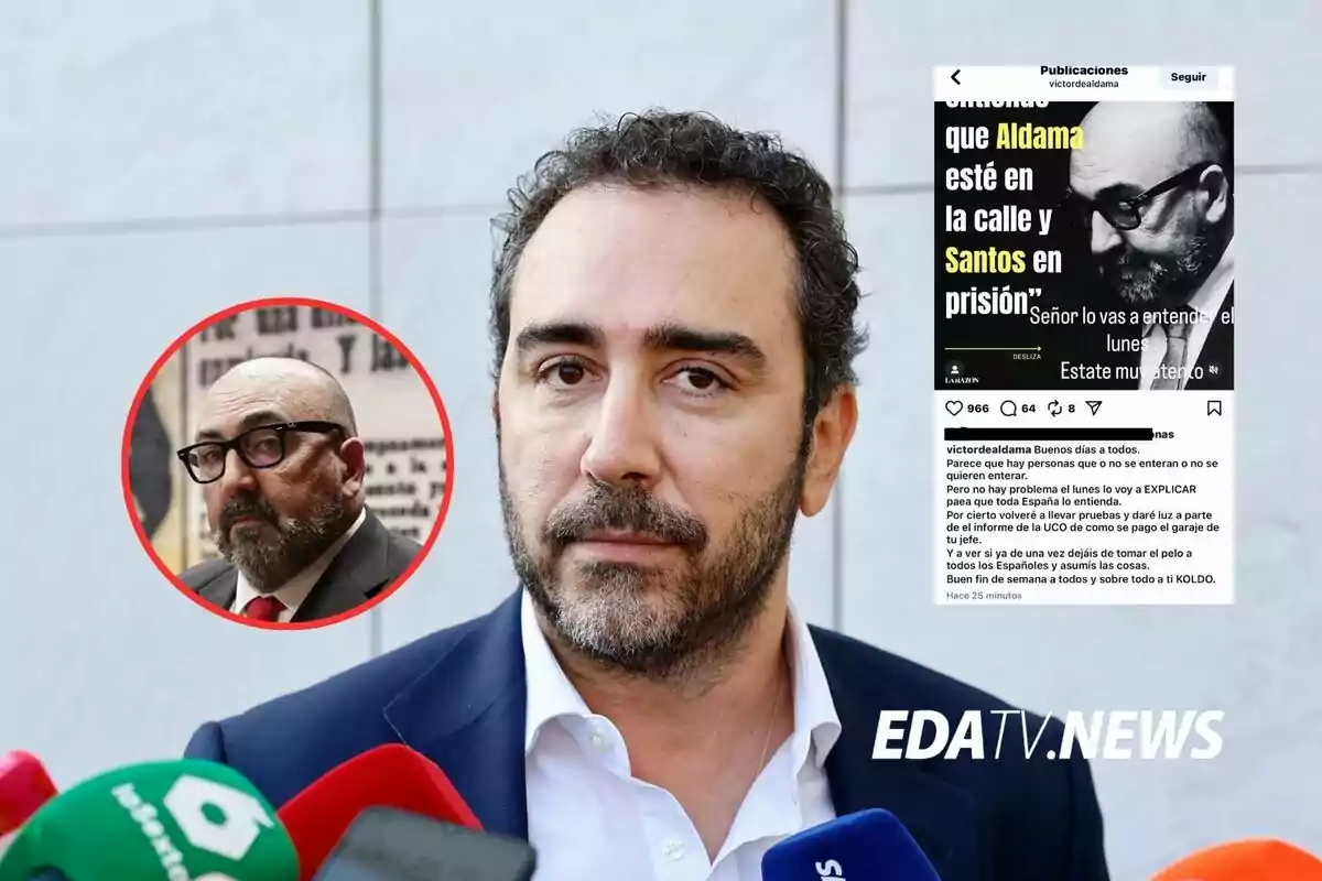 Un hombre de barba y cabello rizado con traje oscuro y camisa blanca está rodeado de micrófonos de diferentes medios, al fondo aparece una publicación de redes sociales con la imagen de un hombre calvo y con gafas, y en la esquina izquierda hay un círculo rojo con la foto de ese mismo hombre calvo y con gafas.