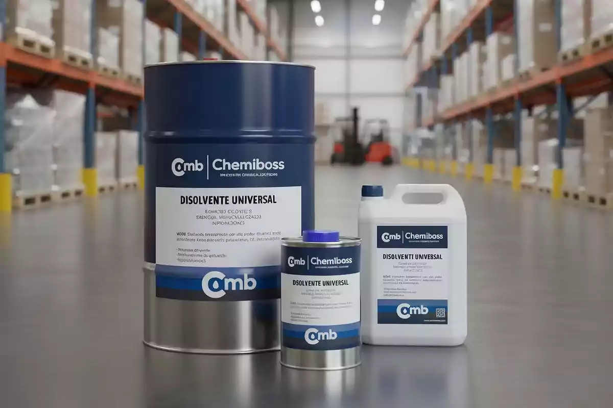 Tres envases de disolvente universal de la marca Chemiboss sobre el suelo de un almacén industrial con estanterías llenas de cajas al fondo